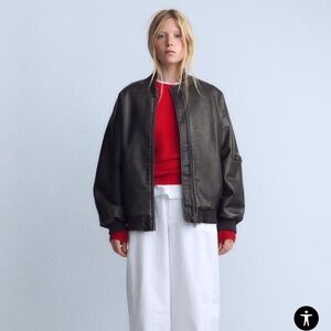 Zara oversized distressed faux leather bomber jacket small